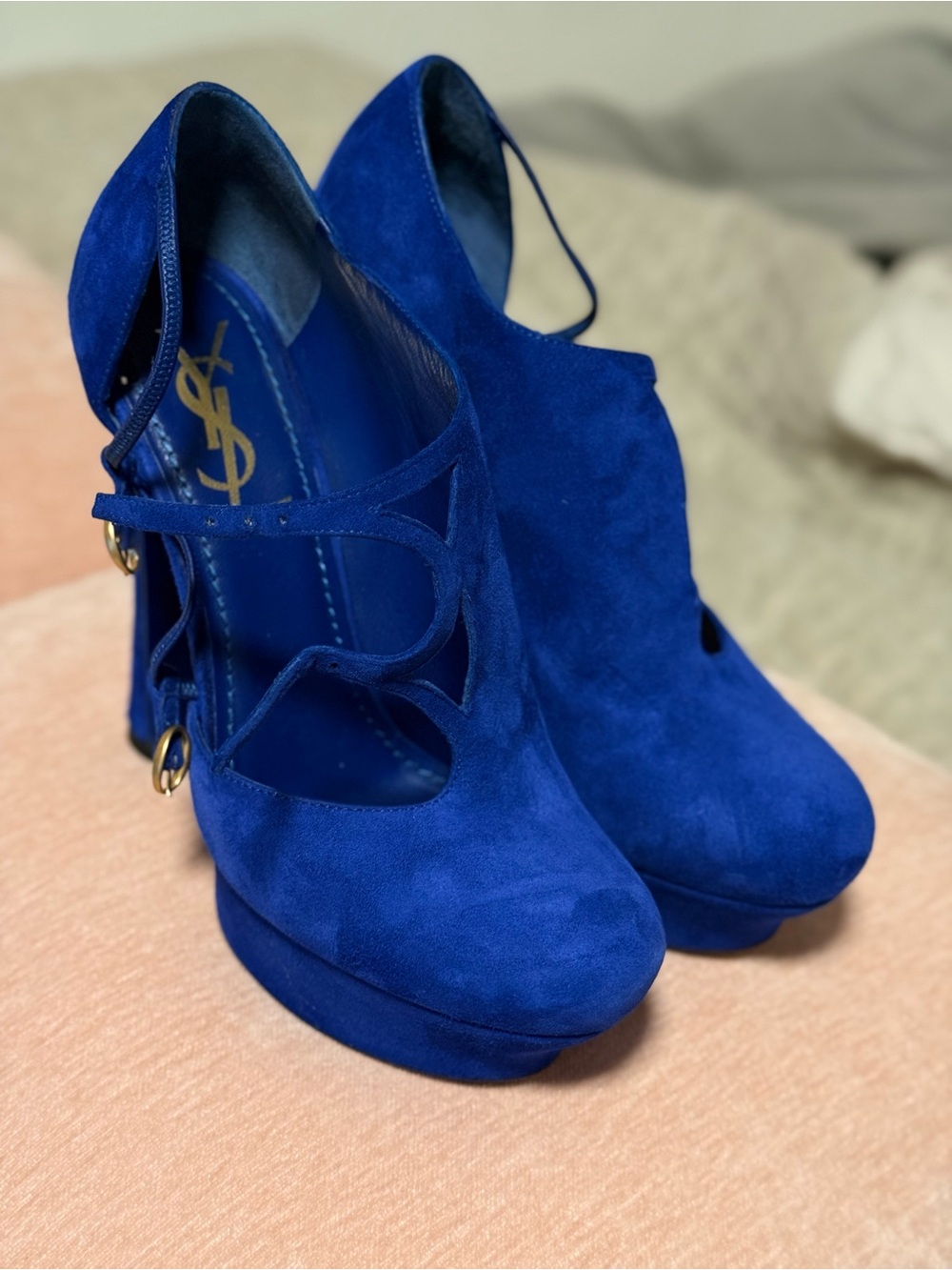 Yves Saint Laurent Royal Blue Suede Platform Pumps with Ankle Straps